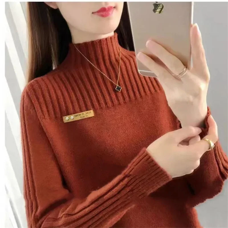 2023 Spring and Autumn Cashmere Sweater Women\'s Knitted Sweater Half High Neck Pullover Long Sleeves Jumper Soft Femme Tops