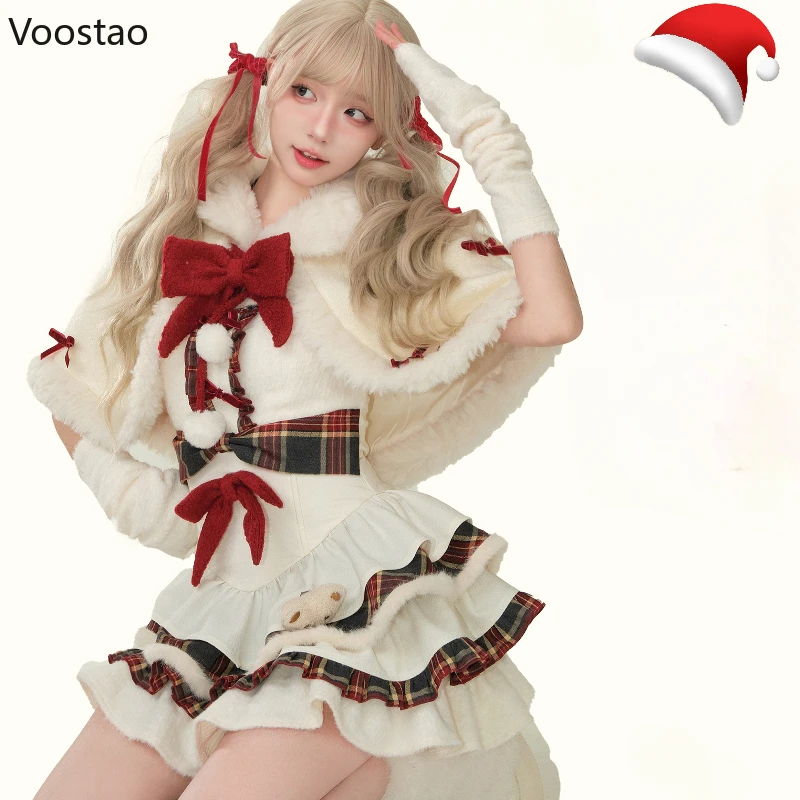 Autumn Winter Sweet Lolita 3 Piece Set Women Christmas New Year Cake Dress Cute Cloak Oversleeve Female Kawaii Harajuku Outfits