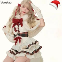 Autumn Winter Sweet Lolita 3 Piece Set Women Christmas New Year Cake Dress Cute Cloak Oversleeve Female Kawaii Harajuku Outfits