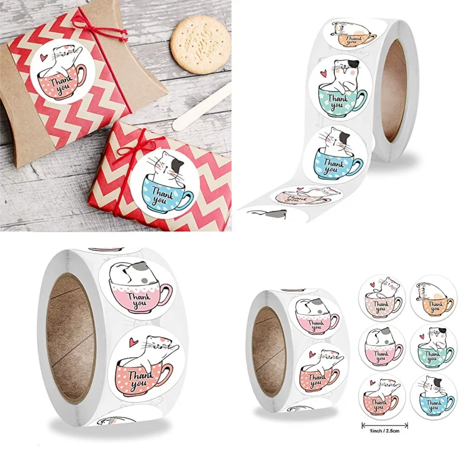 

Kawaii Cat Thank You Stickers Round Cartoon Animal Adhesive Seal Labels for Greeting Cards Handmade Gift Decoration Labels Rewa