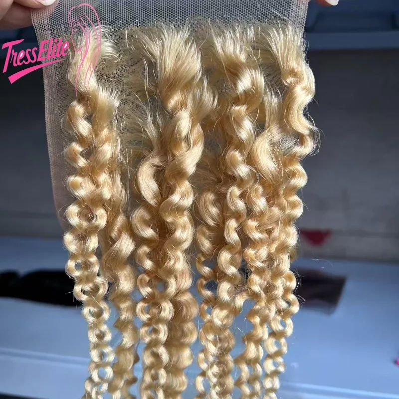 Premium tessuto a mano 613 #   Blocco per capelli in pizzo con chiusura riccia crespa 4x4 Un'eccellente scelta per che scorta un'aspetto gradevole