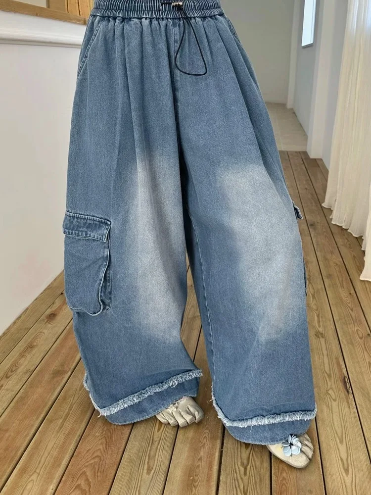

Summer Style Women's Loose Fit Casual Denim Jeans with Big Pockets Versatile Wide Leg Pants Breathable Natural Waist Jeans