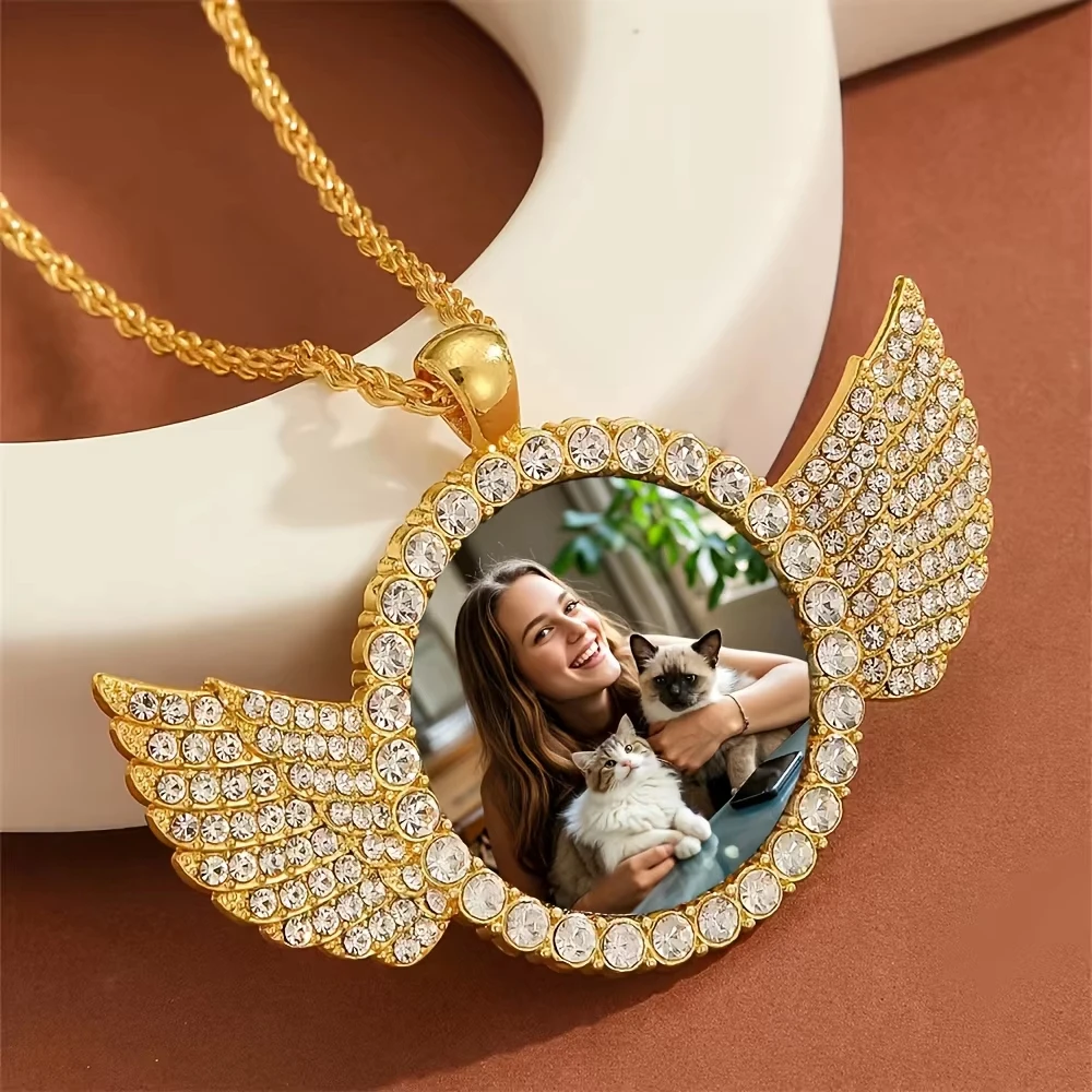 Personalisierte Foto-Engelsflügel-Halskette, Individueller Bildanhänger mit Tenniskette, Unisex-Erinnerungsschmuck für Männer & Frauen – Detail 6