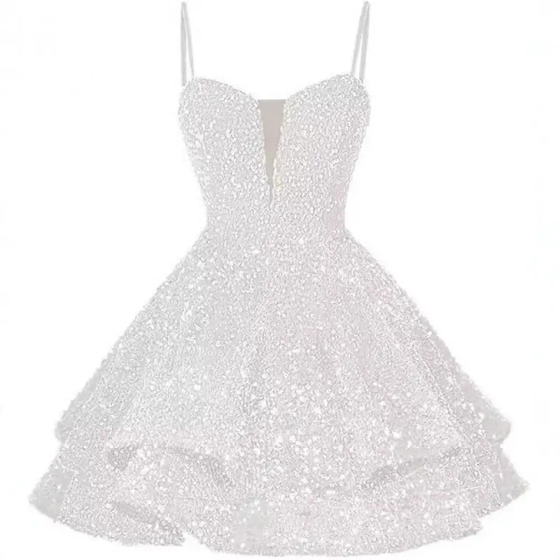 Strap V-neck Small Dress With Sequins Sexy Dance Party Evening Dress Temperament Short Skirt Fluffy Skirt Customized