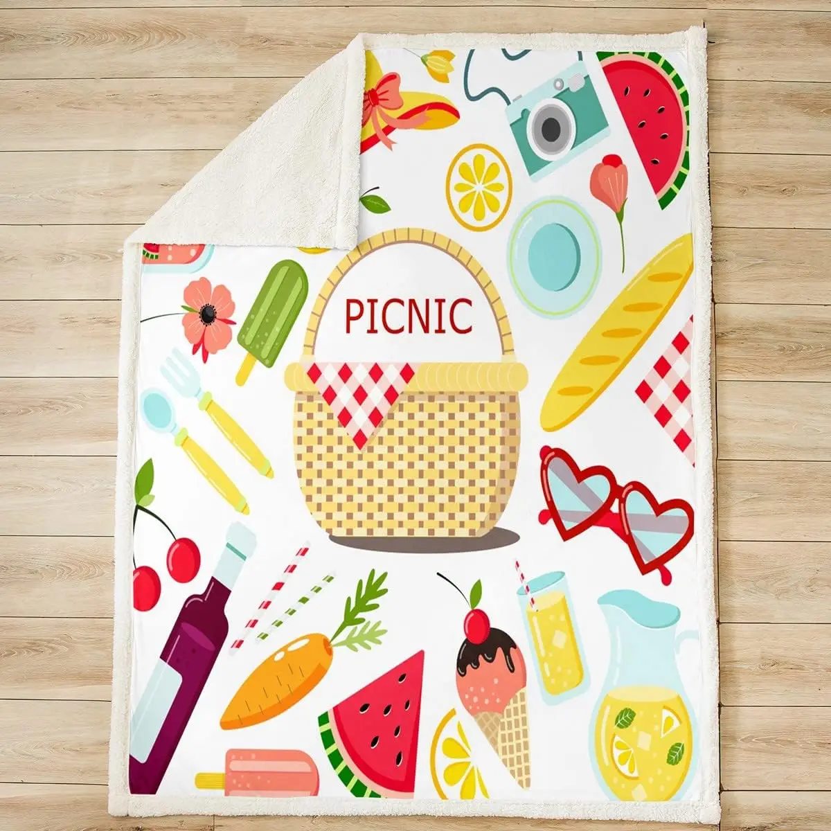 Cartoon Picnic Theme Throw Blanket Summer Ice Cream Watermelon Blankets for Kids Girls Boys Room Decor Watercolor Camper