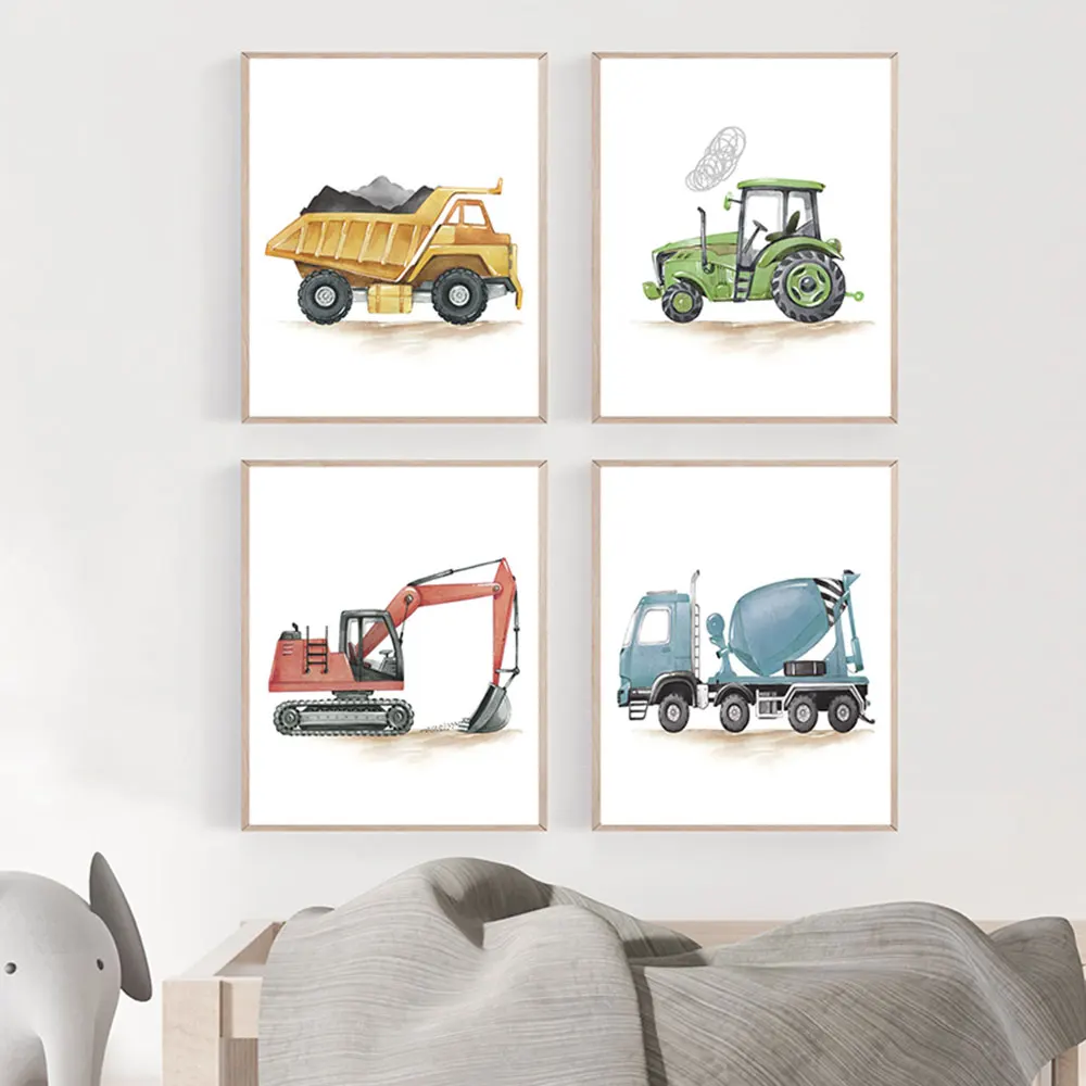 Construction Truck Nursery Decor Watercolor Green Tractor Poster Print Canvas Painting Excavator Transportation Wall Baby Room