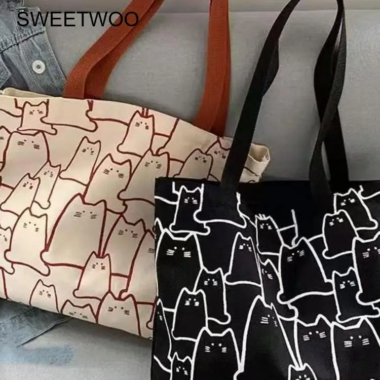 2026 Cute Printed Canvas Shoulder Bag Minimalist Tote Purse Fashion All Match for Young Ladies Street Style
