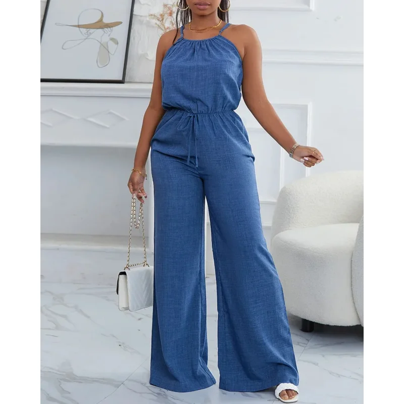 

Blue Denim Style Jumpsuit for Women Spaghetti Straps Drawstring Waist Perfect for Weekend Gatherings Beach Trips Trendy Looks