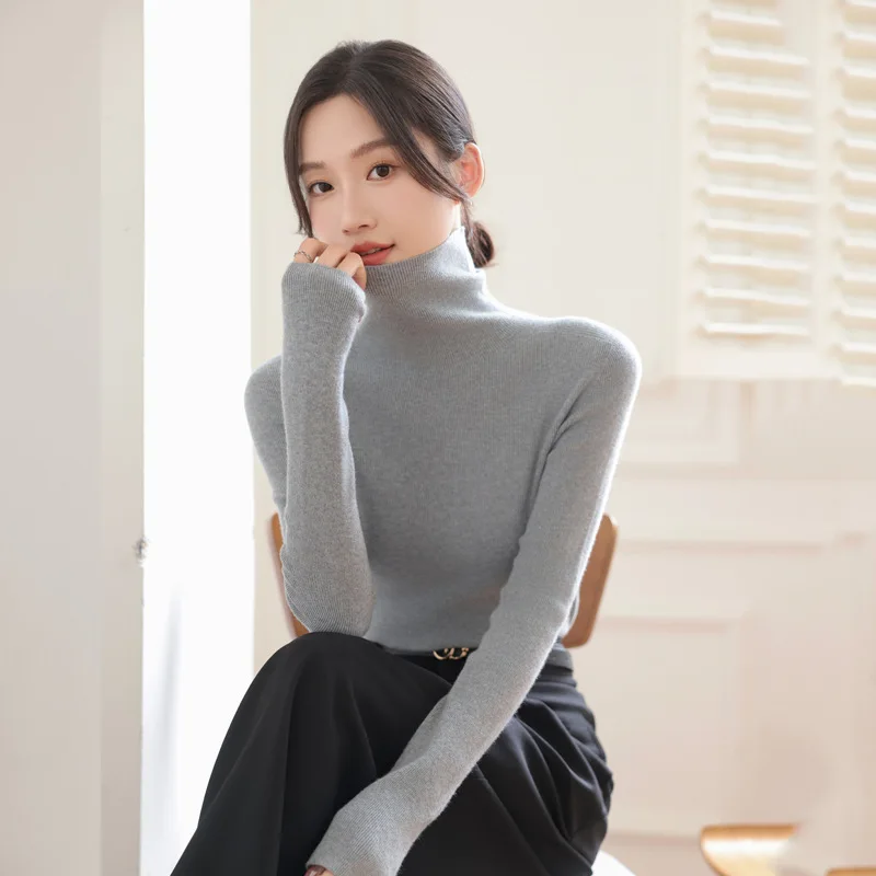 เสื้อคอเต่าผ้าวูลไร้ตะเข็บสำหรับผู้หญิง รุ่น First-Line เสื้อสเวตเตอร์ถักคอปกสำหรับฤดูใบไม้ร่วงและฤดูหนาว ช่วยให้ดูผอมเพรียว