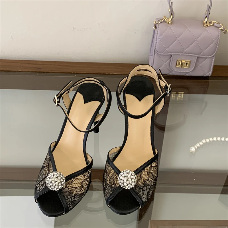 Eilyken Fashion CRYSTAl Breathable Mesh Peep Toe Women Sandals Sexy Thin High Heels Buckle Strap Banquet Prom Shoes - view 2