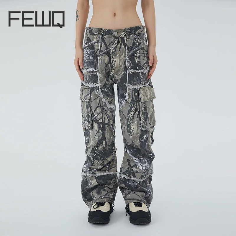 FEWQ-pantalones vaqueros holgados de pierna ancha para hombre, pantalón de moda americana con borde crudo, múltiples bolsillos, tubo recto, Otoño,