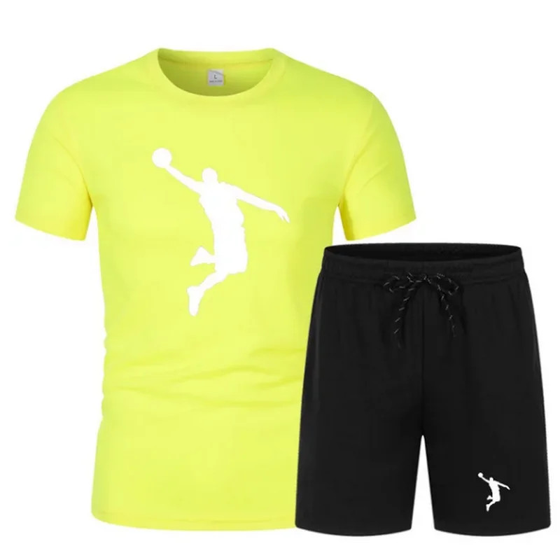 Summer Men's Brand Sportswear Shorts Set Short Sleeve Breathable Grid T-Shirt and Shorts Casualwear Men's Basketball Training