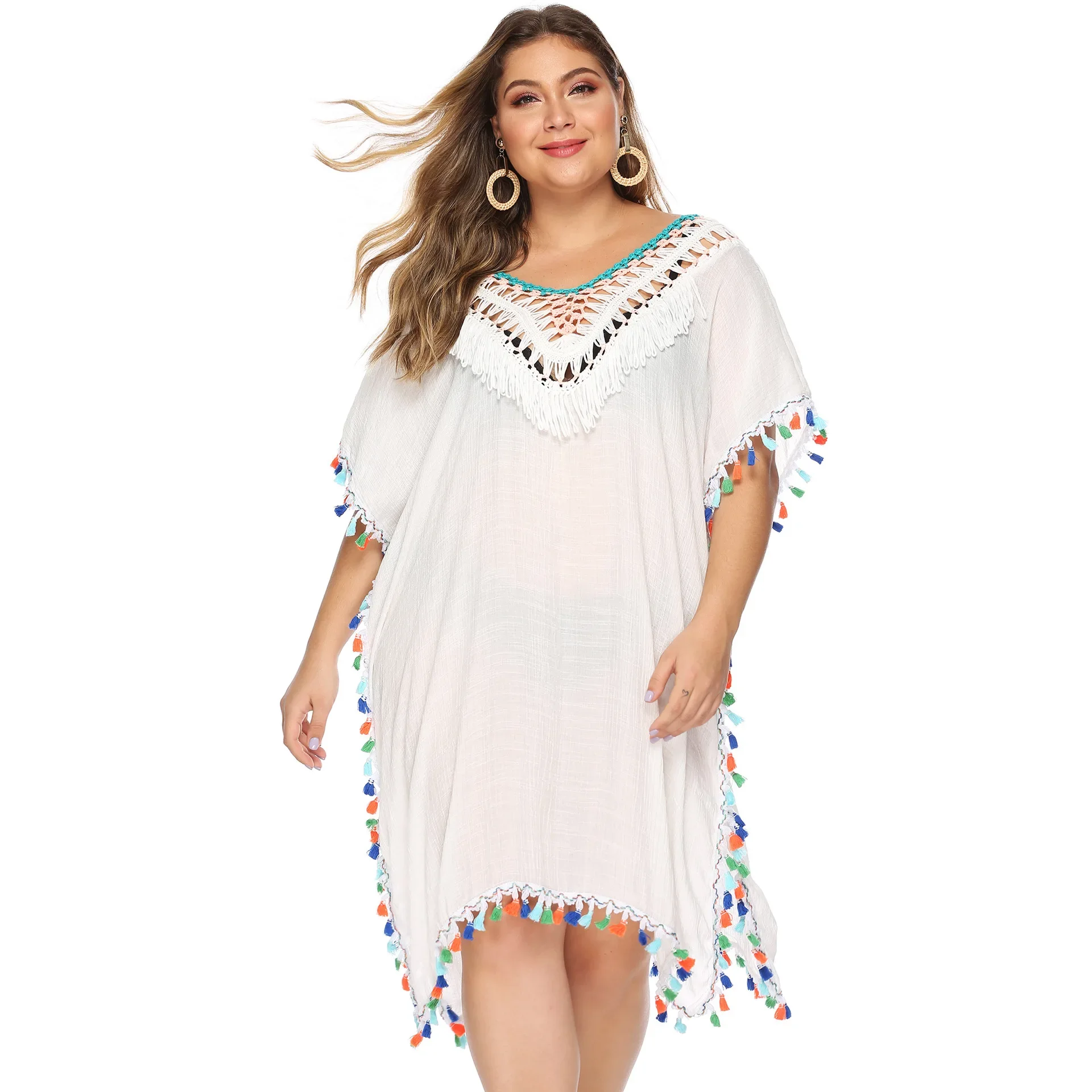 Effen Vrouwen Plus Size Bikini Cove Up Korte Mouw Grote Grote Tuniek Dame Mollige Strandjurk Kwasten Holle Badpak Cover-Ups