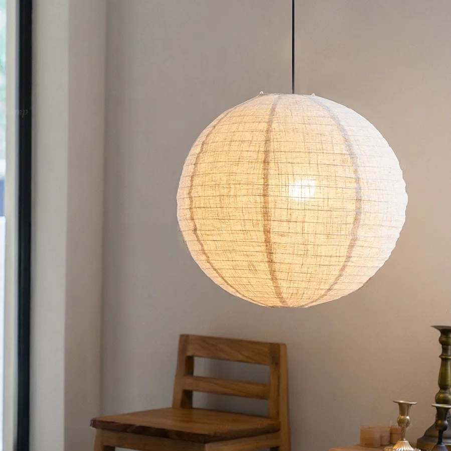Japanese Wabi-Sabi Style Fabric Spherical Pendant Light Living Room Dining Room Study Noguchi Ambient Lighting