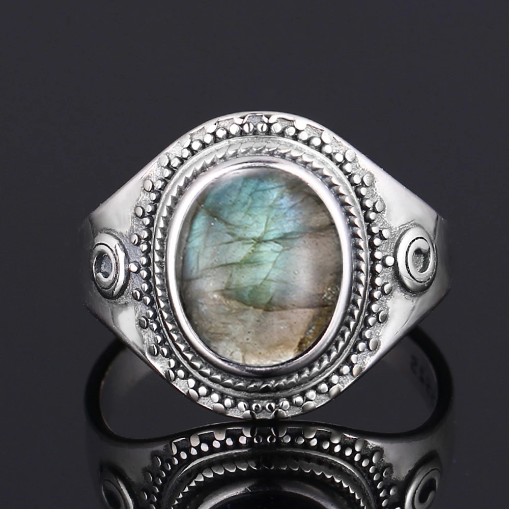 S925 Silver Ring Big Oval 8*10MM Natural Moonstone Turquoise Lapis Tiger Eye Rings for Women Gifts Fine Jewelry