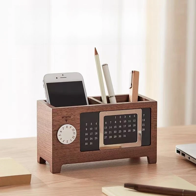 Multifunctional Solid Wood Pen Holder – Office Desktop Organizer Wooden Storage Box with Perpetual Calendar Clock Model Storage