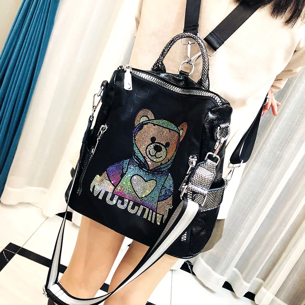 Mochila urso bonito com diamantes coloridos, bolsa de ombro de grande capacidade, mochila de luxo feminina, nova chegada, 2022