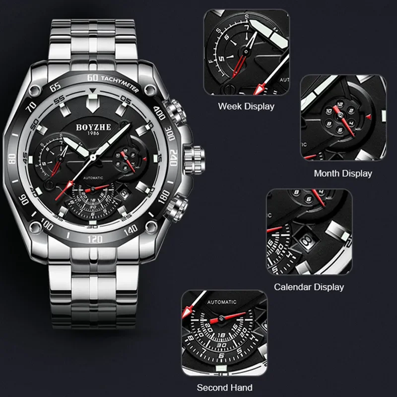 BOYZHE Men Automatic Mechanical Watches Multifunction Calendar Week Month Diaplay Luminous Hands Waterproof Sport Watch for Men