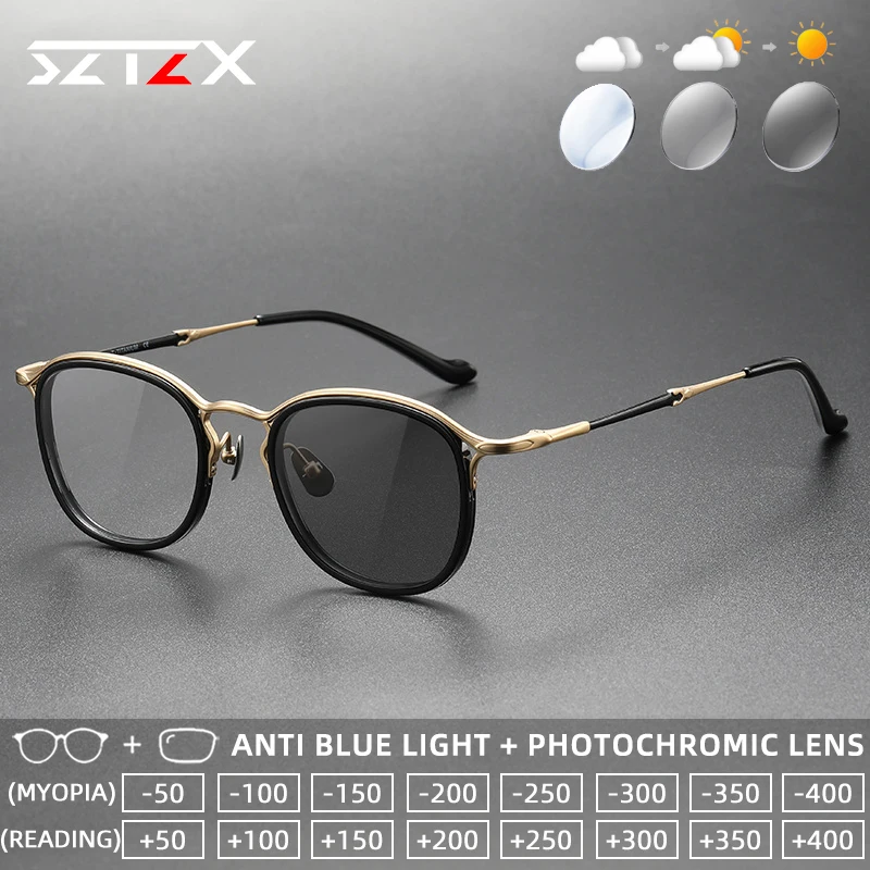 

Очки для чтения SZTZX Retro Luxury: прочные титановые фотохромные линзы, защита от синего света, для коррекции близорукости, прогрессивные, с диоптриями