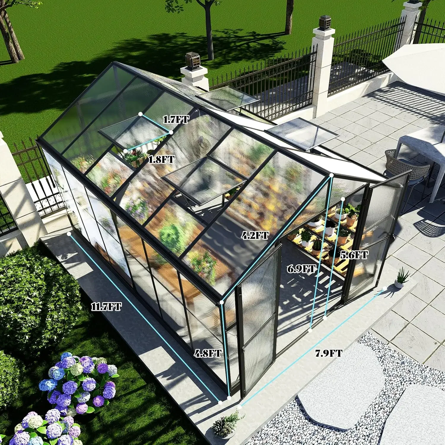 8x12x7FT Polycarbonate Greenhouse, Walk in Greenhouse with Quick-Connect System, Green House with 4 Vent Windows, Customized