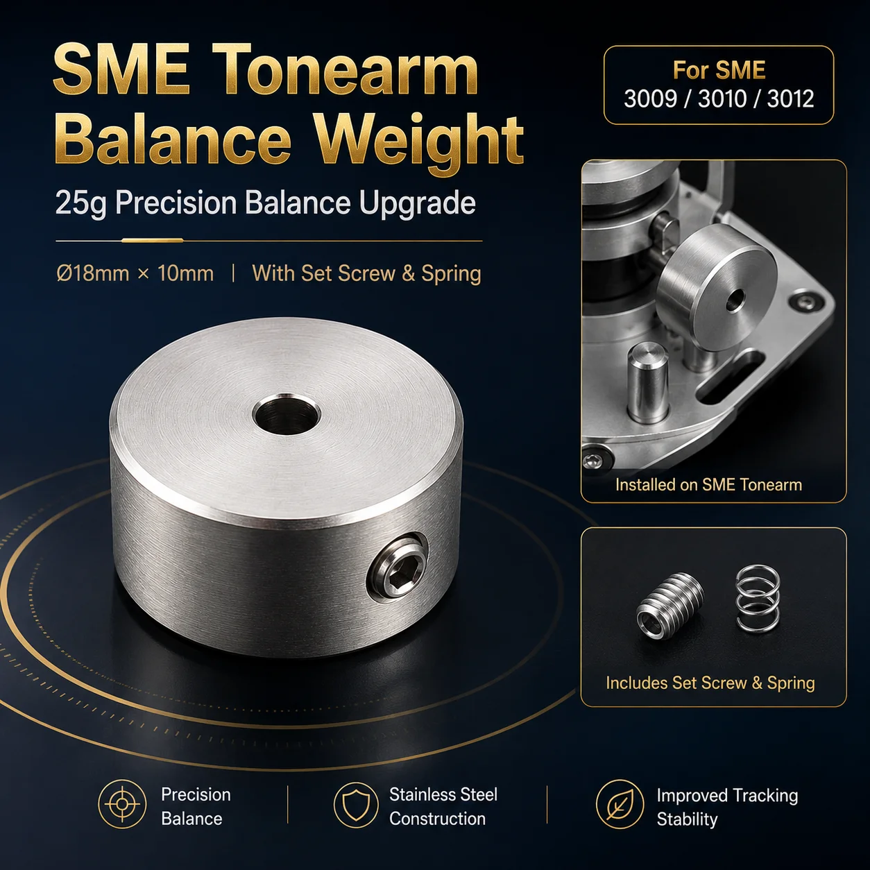 Balance Adjustment Counterweight 25g Stainless Steel Tonearm Fit SME 3009 3010 3012 Hi‑Fi Turntable Spare Repair Part