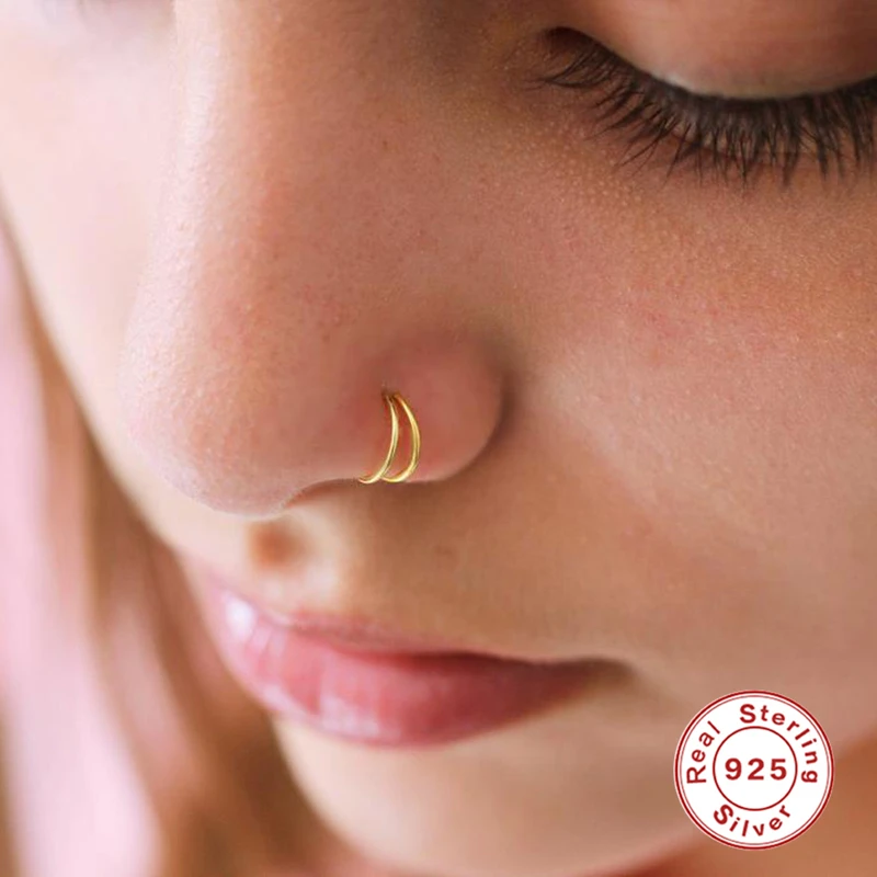 Anelli da naso a doppio cerchio in argento Sterling 925 per donne ragazze piccoli anelli a cerchio aperto tipo Piercing cartilagine Stud Body Jewelry