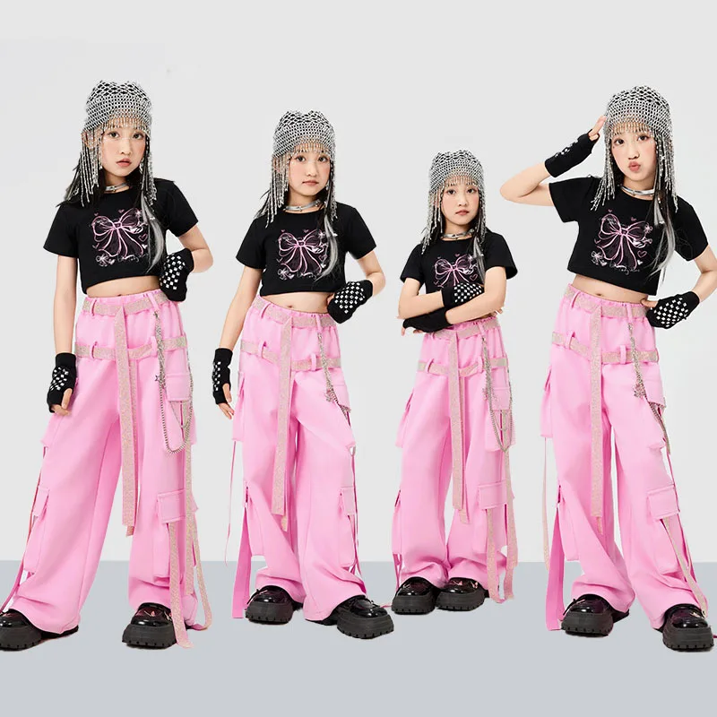 

Kid Kpop Hip Hop Clothing Black Print Crop T Shirt Pink Bead Strap Multi Pocket Strap Cargo Pants for Girl Dance Costume Clothes