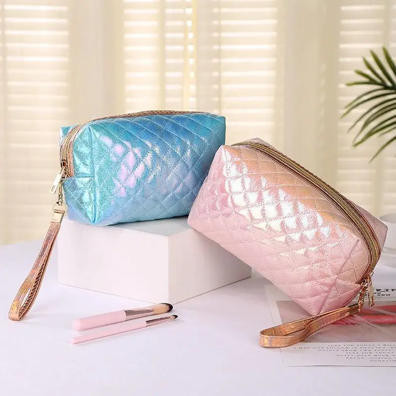 Iridescent Quilted Embroidered Cosmetic Storage Bag Large Capacity Waterproof Travel Toiletry Organizer Handbag