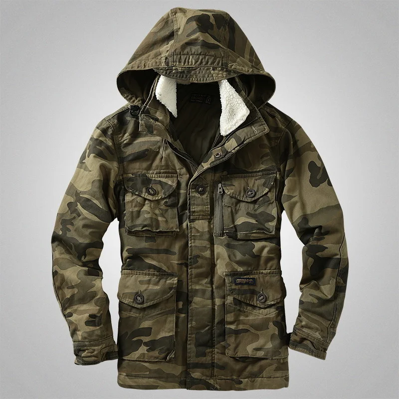 

Men's Hoode Thicken Camouflage Jacket Multi Pockets Military Tactics Coats Medium Long Cotton Overcoat for Male