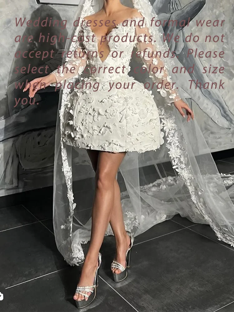 Elegant Appliquins V-Neck Floral Full Sleeve A-Line Bride Wedding Dresses Bridal Gowns Customized