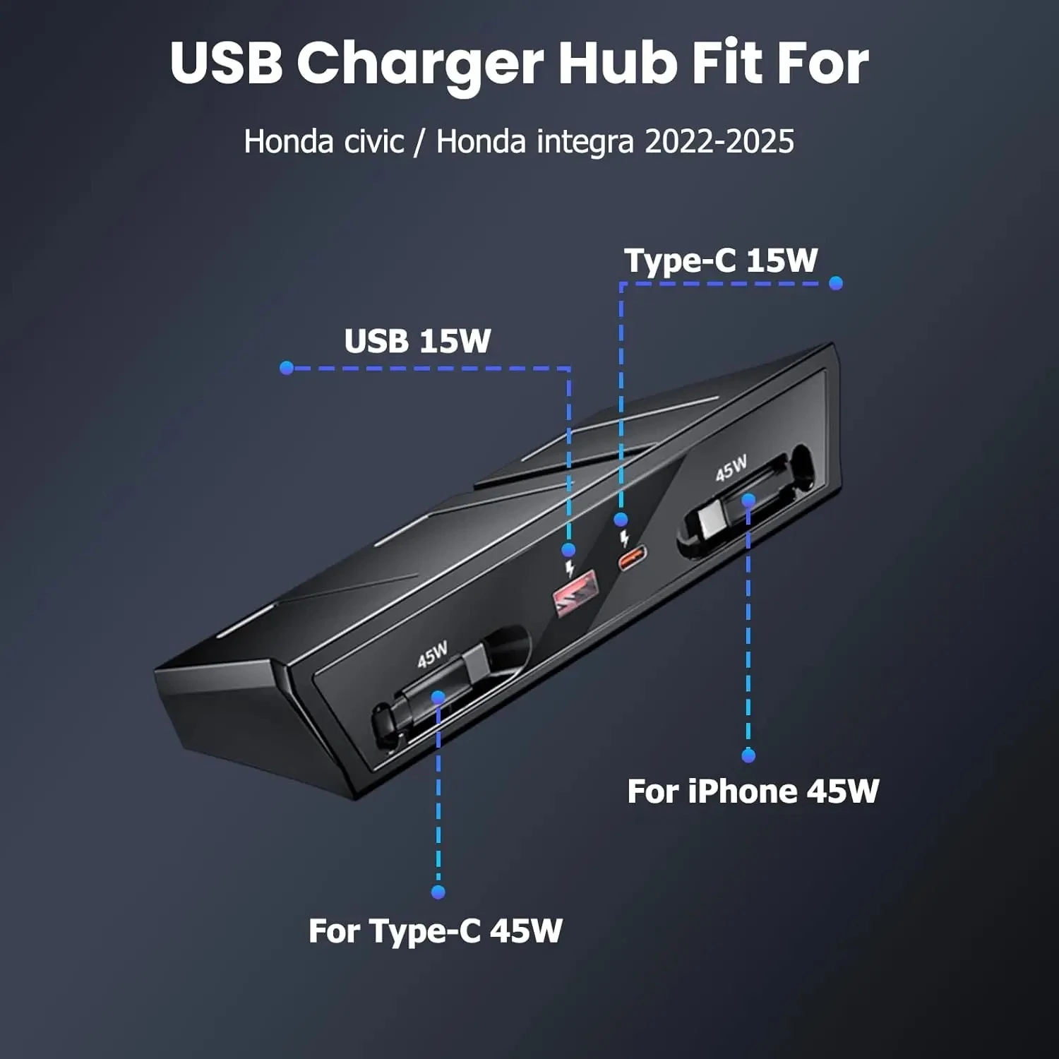 Upgraded Car Charger For Honda Integra 2022-2025 USB Hub Charger for Honda Civic 45W Center Console 4-Port Fast Charging