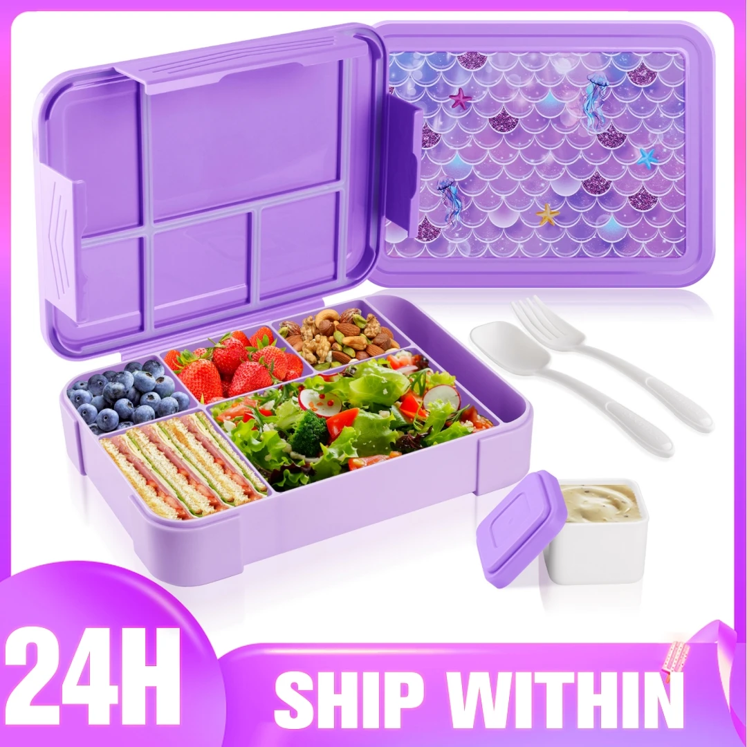 Bento Lunch Box for Kids 45oz 6 Compartments Lunch Container with Cutlery Container Purple Mermaid Bento Box Lunch Containers 