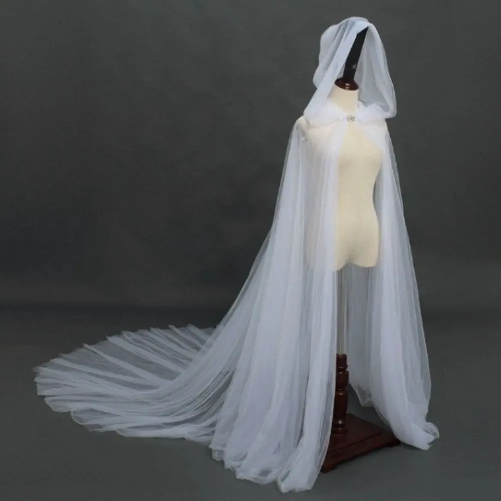 Gothic Solid Color Halloween Hooded Tulle Cape Floor Length Soft Mesh Cloak Sheer Long Cosplay Bridal Costume Wedding