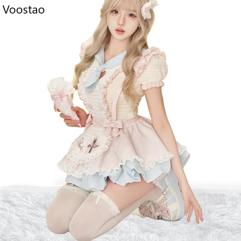 

Japanese Sweet Lolita Style Mini Skirt Set Women Kawaii Puff Short Sleeve Tops Apron Strap Cake Skirts Female Korean Y2k Outfits