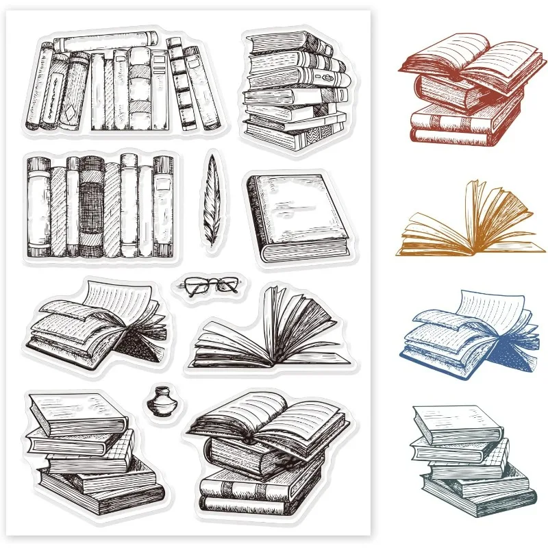 Books and Bookshelf Silicone Clear Stamps Transparent Stamps for Birthday Easter Holiday Cards Making DIY Scrapbooking Photo