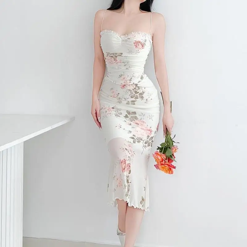 

Облегающее сексуальное кружевное платье с цветочным рисунком для лета, женское платье 2024, новое платье макси на бретельках с высокой талией для дам