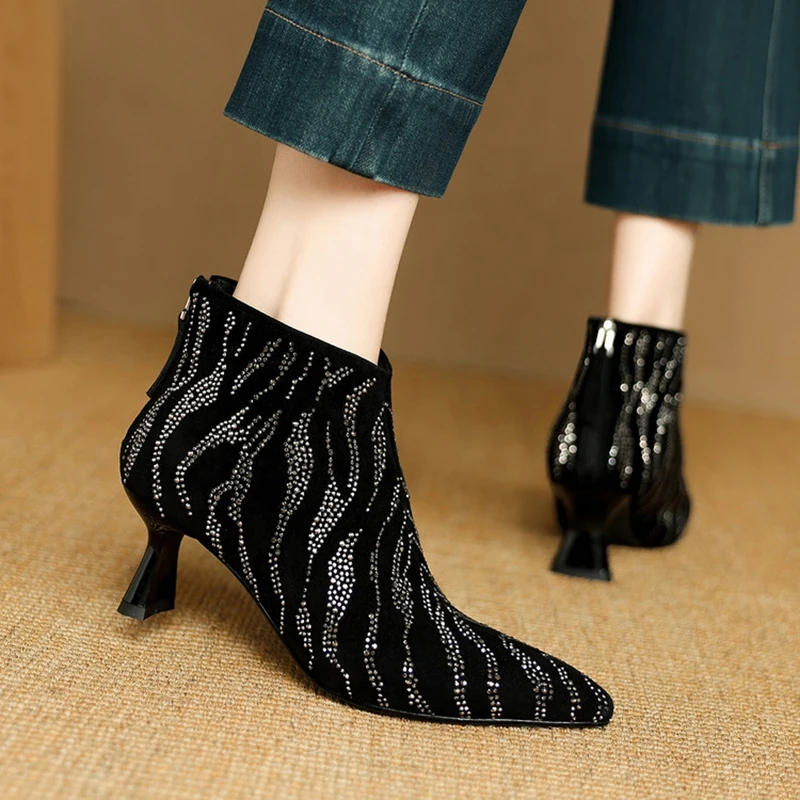 NEW Autumn Women Boots Sheep Suede Leather Shoes Women Pointed Toe Thin Heel Shoes Rhinestone Modern Boots Zipper Daily Shoes