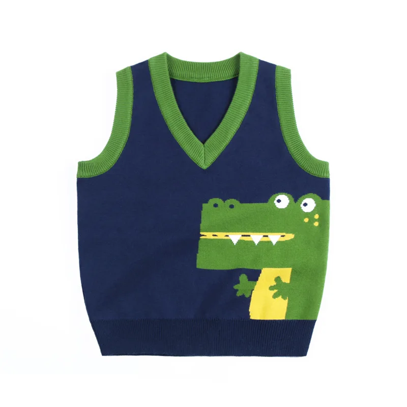 2025 Spring Kids Boy Sweater Vest Children Clothing Autumn Cartoon Dinosaur Coat Baby Cotton Thick Top Boys Pullover Vest 2T-7Y