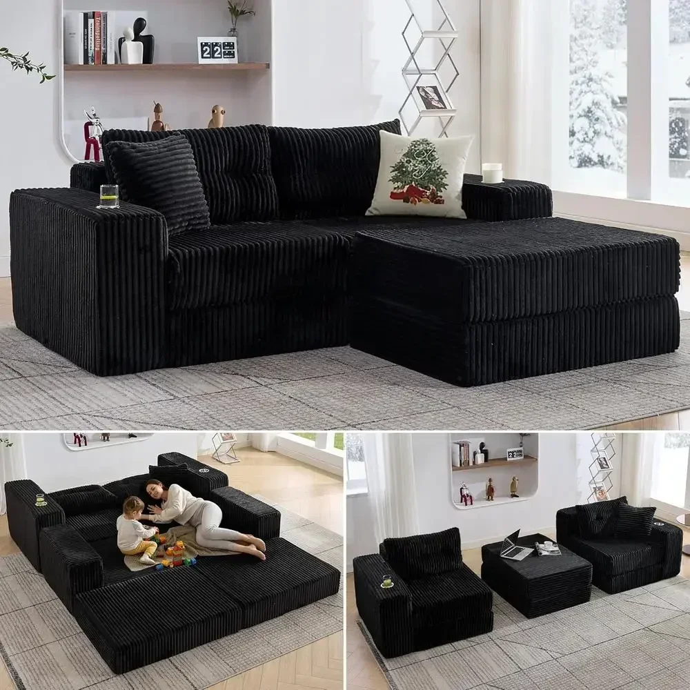Loveseat with Ottoman, Plush Corduroy Sectional Sofa Couch, Deep Seating, Convertible Sleeper Sofa Bed, Living Room, Ready to Us