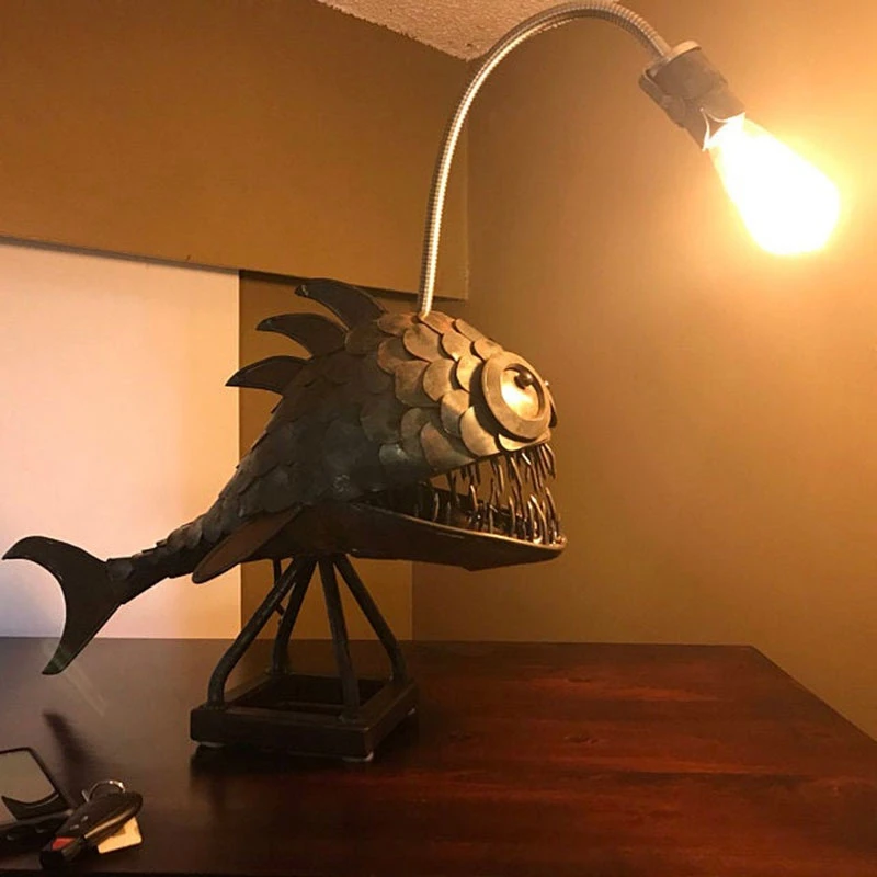 Angler Fish Lamp USB Rechargeable Desktop Metal Light Handmade Craft Home Living Room Decoration Small