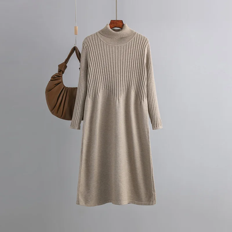 HLBCBG 2023 New Spring Autumn Turtleneck Solid Loose Dresses Women Knitted Dresses Solid Female Long Sleeve Sweater Dress