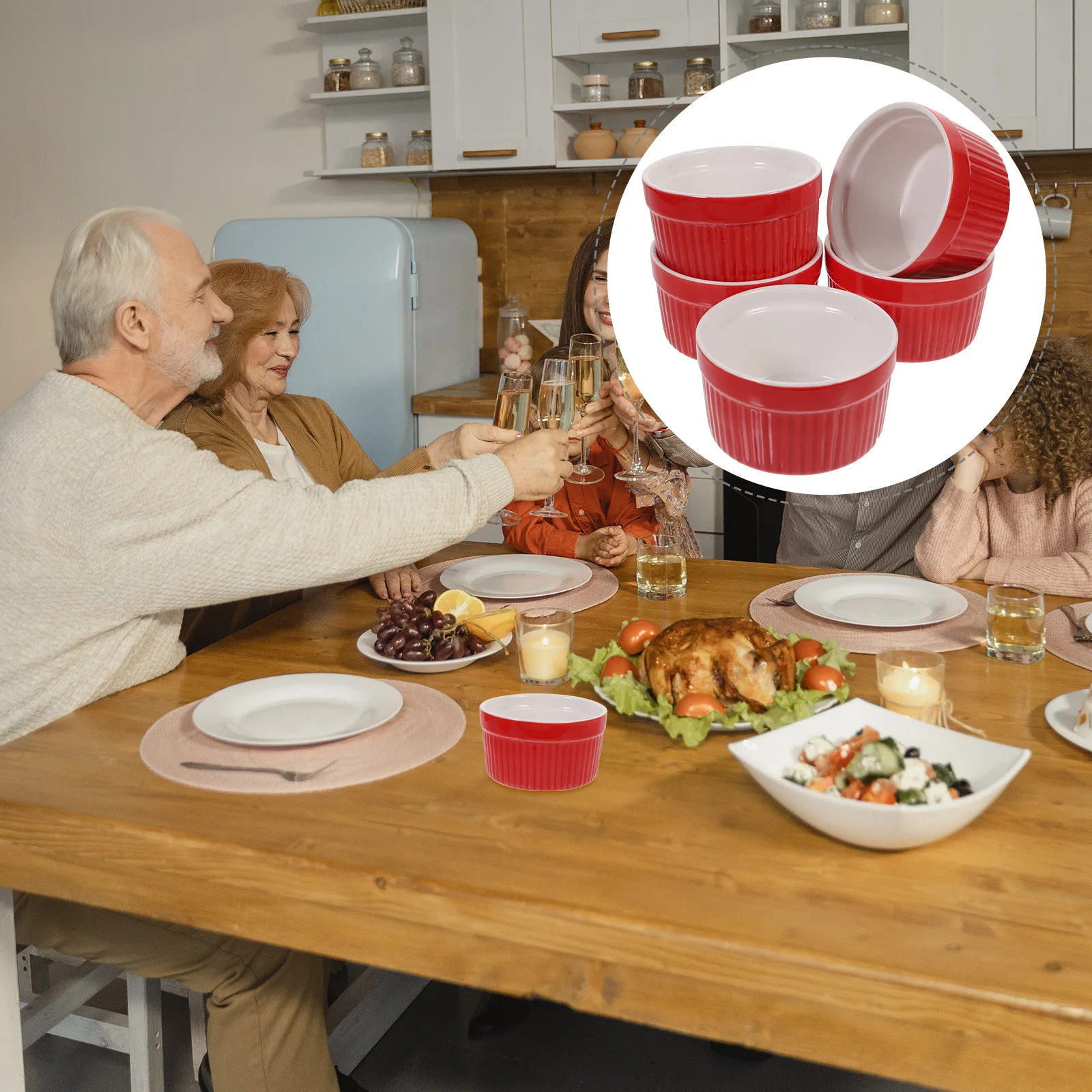 

5Pcs Ceramic Baking Bowls Sturdy Environmental Home Decor Gifts Creative Chic Design for Soup Rice Vegetable Dessert Red