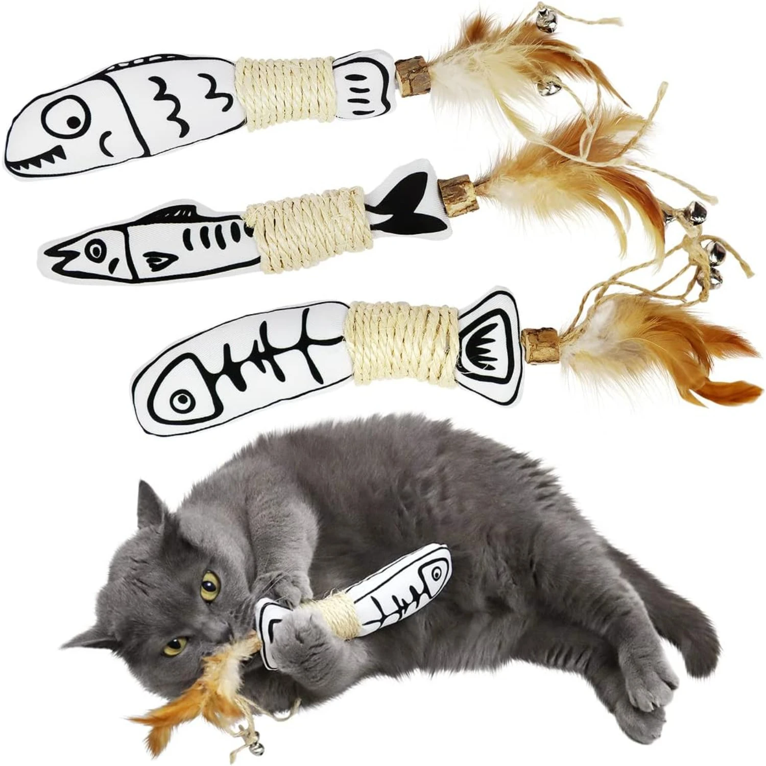 Fun and Engaging Cute 3 Pack Catnip Cat Toys with Feather, Silvervine Rope, and Bells - Interactive Cat Feather Toys, Catnip Kic