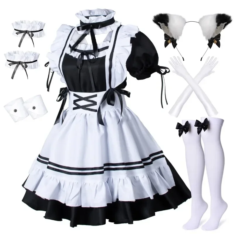Schwarz Weiß Lolita Maid Kostüm Cosplay Kostüme Süßes Kleid Sexy Französische Schürze Uniform Cafe Maid Party Rock Damenbekleidung
