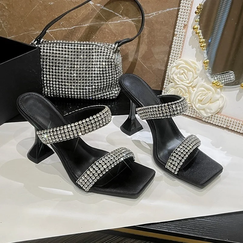 

Тапочки на каблуке с кристаллами и одним словом, сексуальные шлепанцы без шнуровки с квадратным носком, новые поступления, модная женская обувь