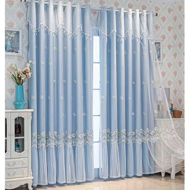 Nordic Princess Style Double-Layer Curtain with Lace Sheer and Valance, All-in-One Light Filtering for Romantic Girl's Bedroom