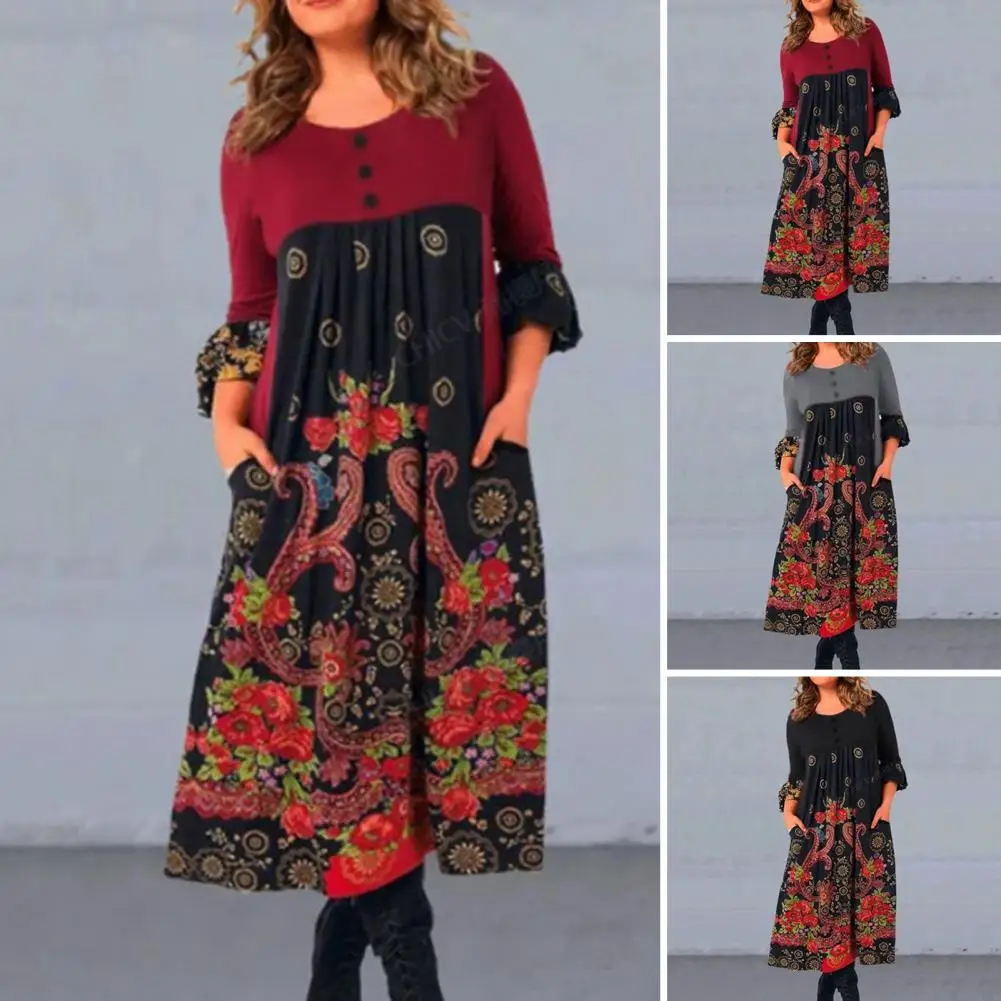 

Women Round Neck Dress Ethnic Print A-line Midi Dress with Long Sleeve High Waist for Fall Spring Women's Retro Style