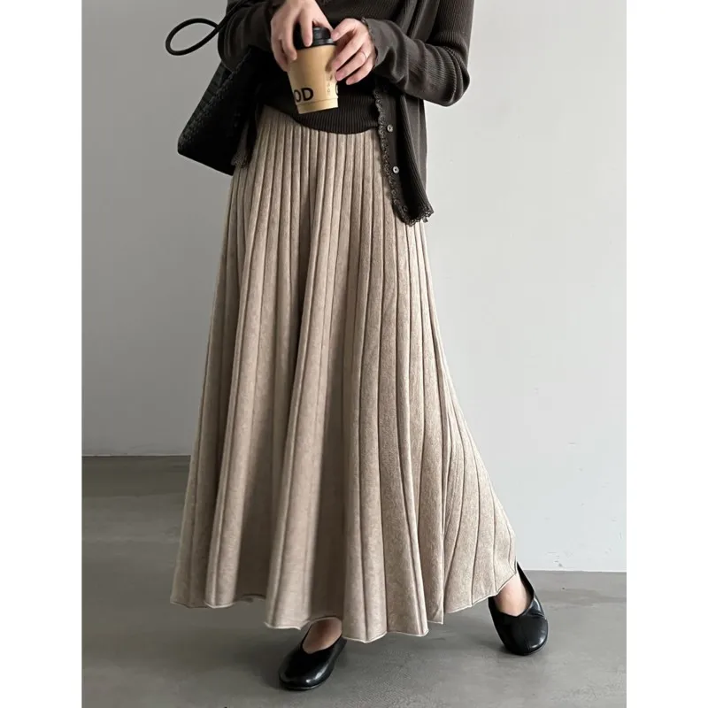 Johnature High-waisted Knitted Pleated Skirt For Women Autumn Winter Korean Style Elastic Waistband A-line Skirts