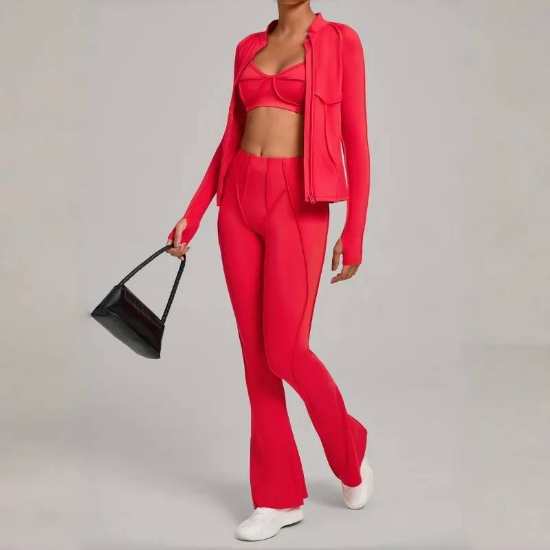 

Женский тонкий комплект для йоги с застежкой-молнией и шлифовкой. Универсальный и утягивающий комплект из трех предметов. Спортивная одежда для активного отдыха и фитнеса.