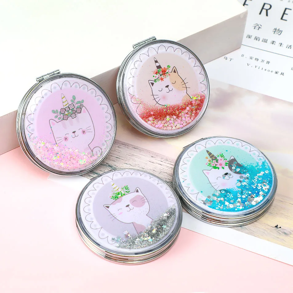 Quicksand Makeup Round Mirror Cute Girl Cartoon Double-sided Mirror Portable Makeup Mirror Creative Home Decoration Accessories